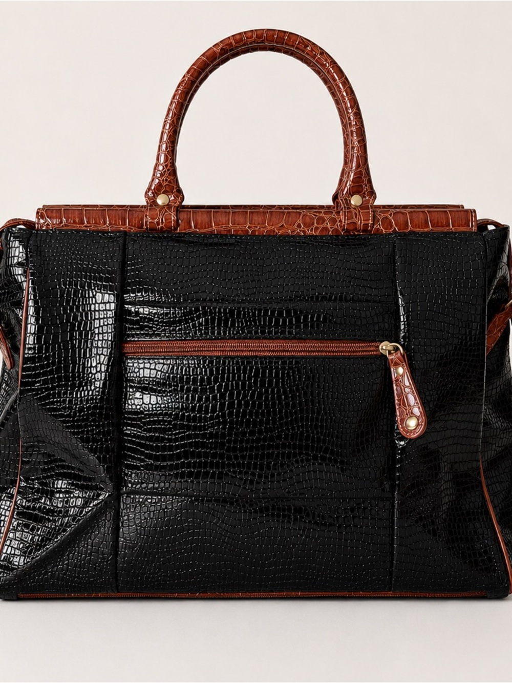 Samantha Brown Croc-Embossed Black Weekender Bag with Brown Trim - Picture 12 of 12